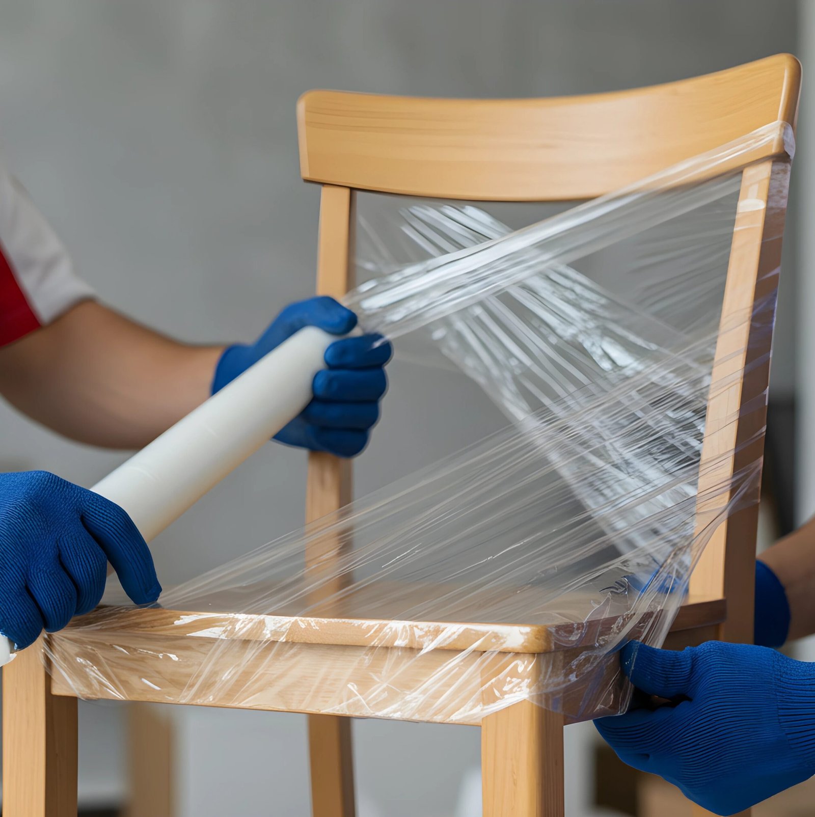 Two movers are wrapping a wooden chair in clear plastic film to protect it during a move or storage.